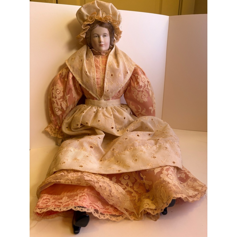 Vintage Porcelain Bisque Doll 18.5" Cloth Body Pink Dress Lace Bonnet Victorian